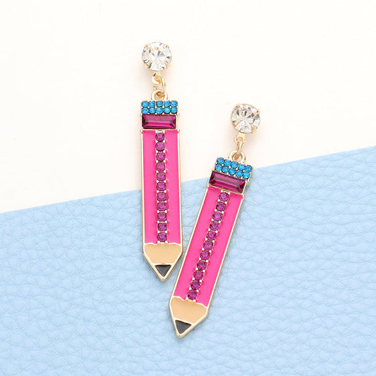 Teacher School Pencil Rhinestone Enamel Earrings