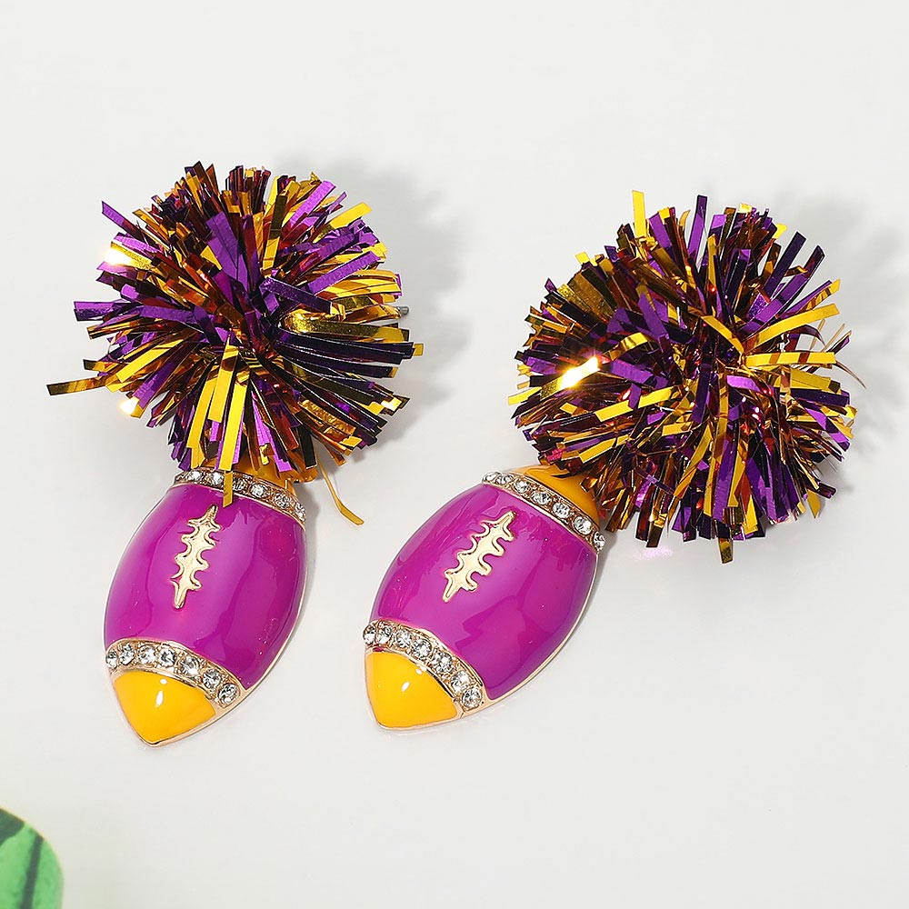 Purple & Gold Tinsel Gameday Football Earrings