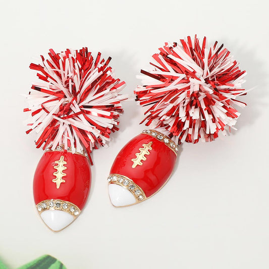 Red & White Tinsel Gameday Football Earrings