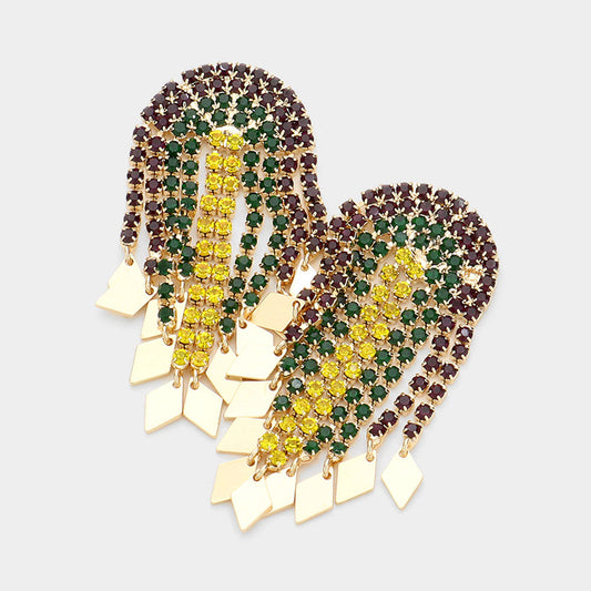 Mardi Gras Rhinestone Half Moon Fringe Earrings