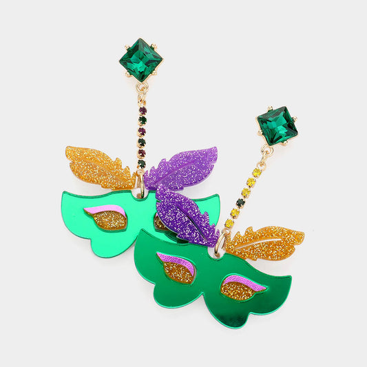 Mardi Gras Mask Rhinestone Acrylic Earrings
