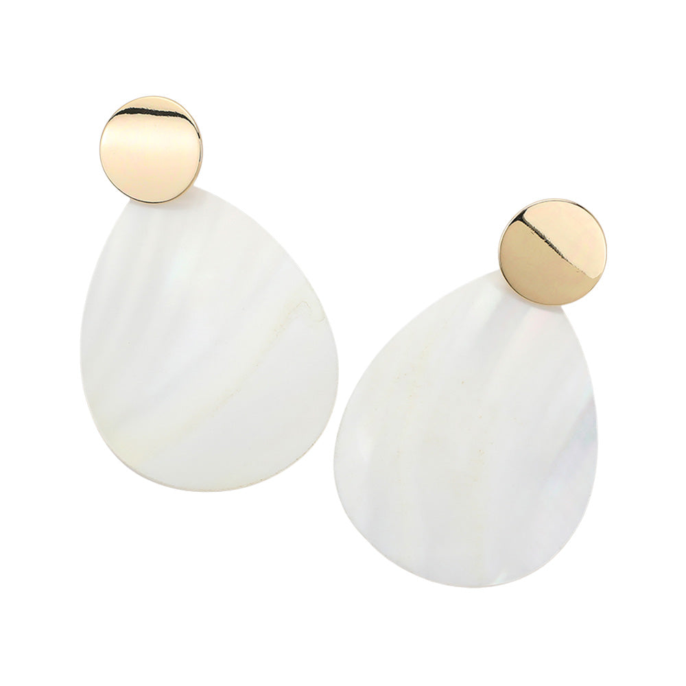 Metal Disc Mother of Pearl Shell Teardrop Earrings