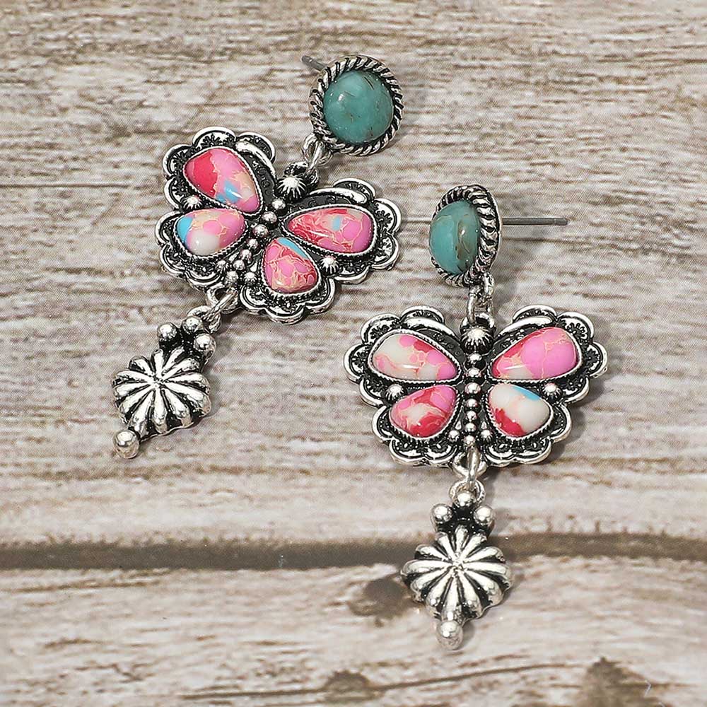 Silver Butterfly Western Stone Necklace Earrings SET