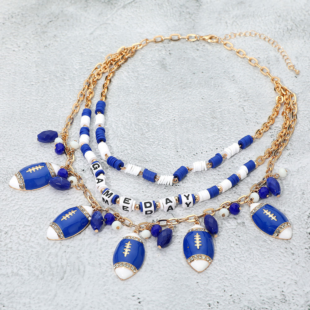 Blue White Football Fan Beaded Charm Necklace