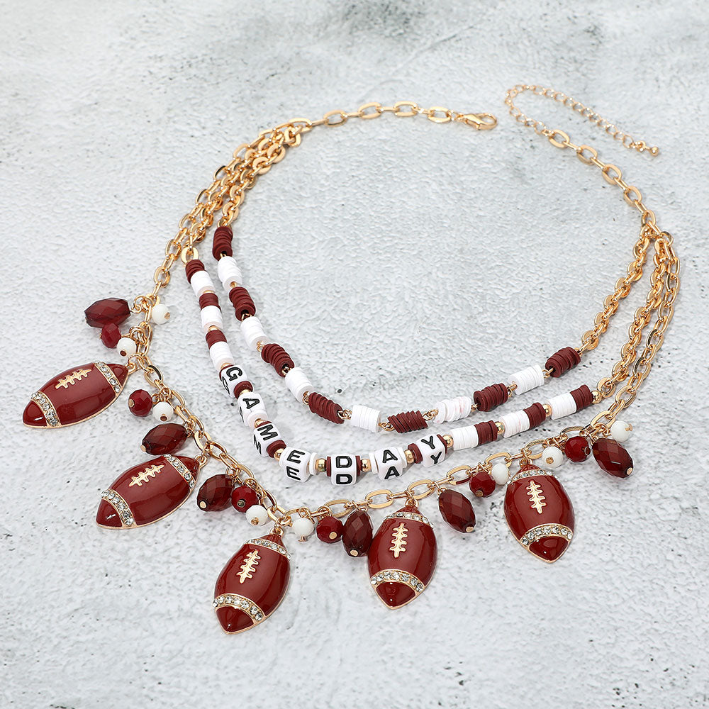 Burgundy Red White Football Beaded Charm Necklace