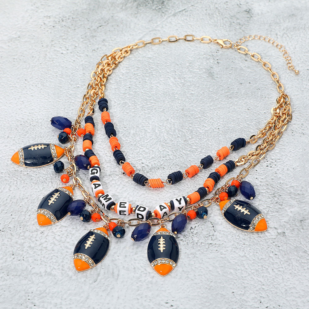 Navy Blue Orange Football Beaded Charm Necklace