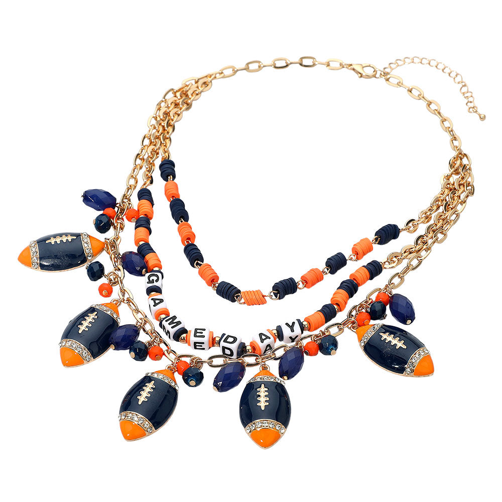 Navy Blue Orange Football Beaded Charm Necklace