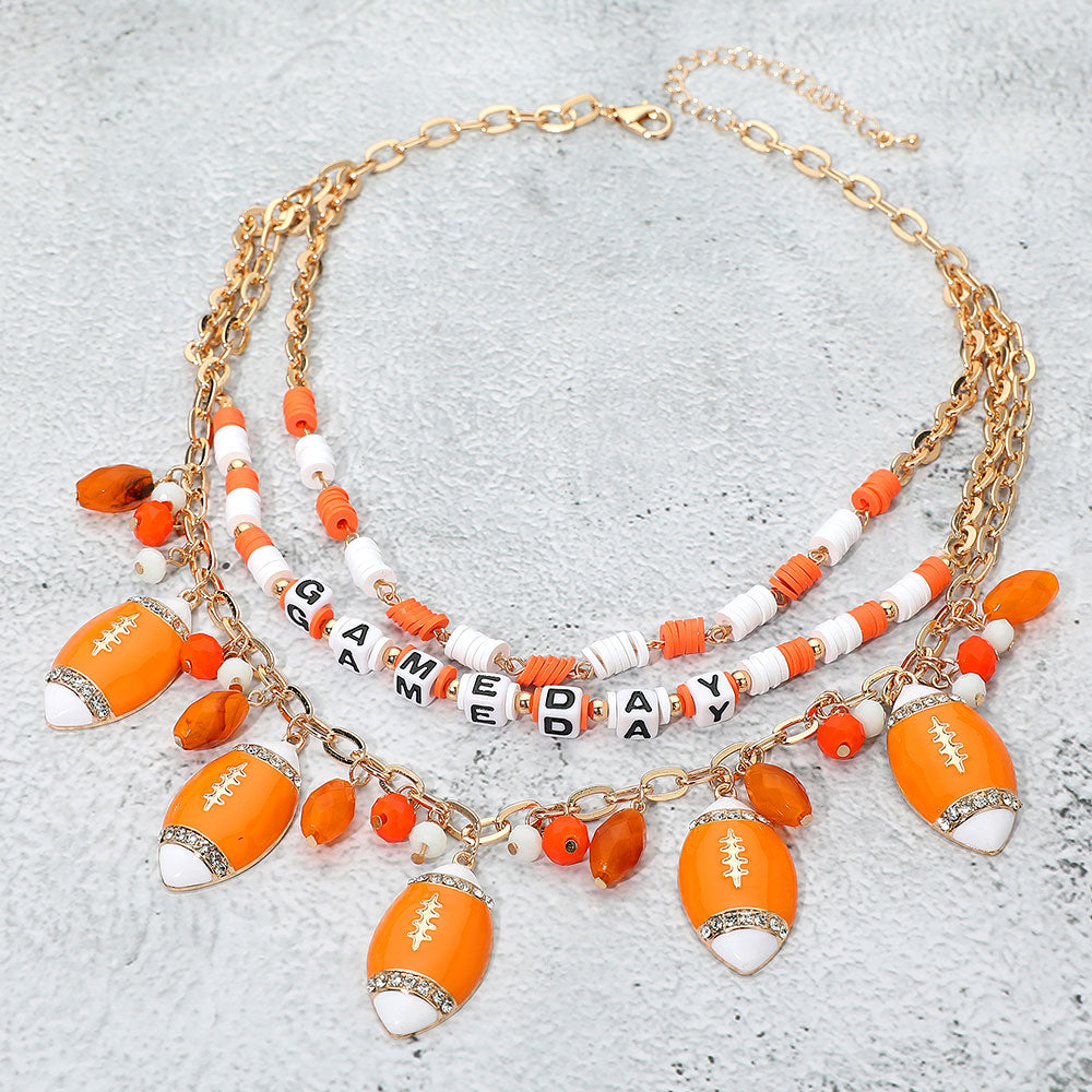 Orange White Football Beaded Charm Necklace