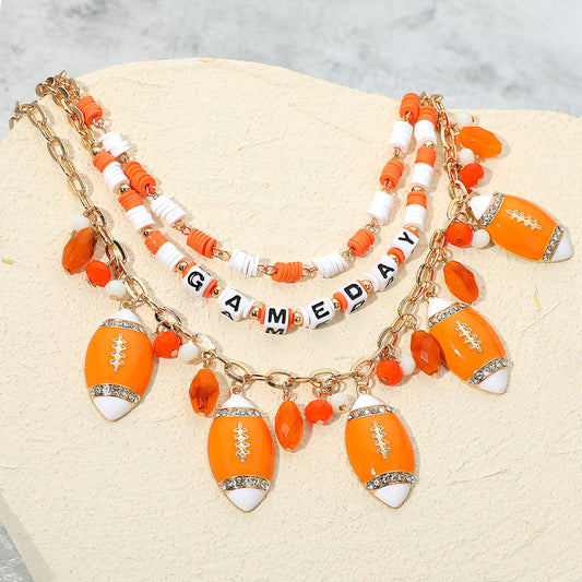 Orange White Football Beaded Charm Necklace