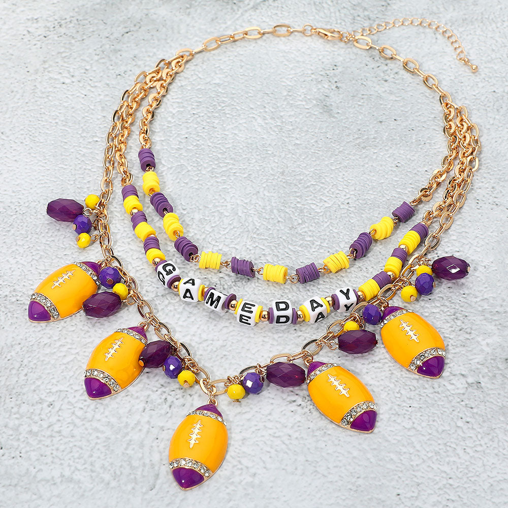 Purple Gold Football Beaded Charm Necklace