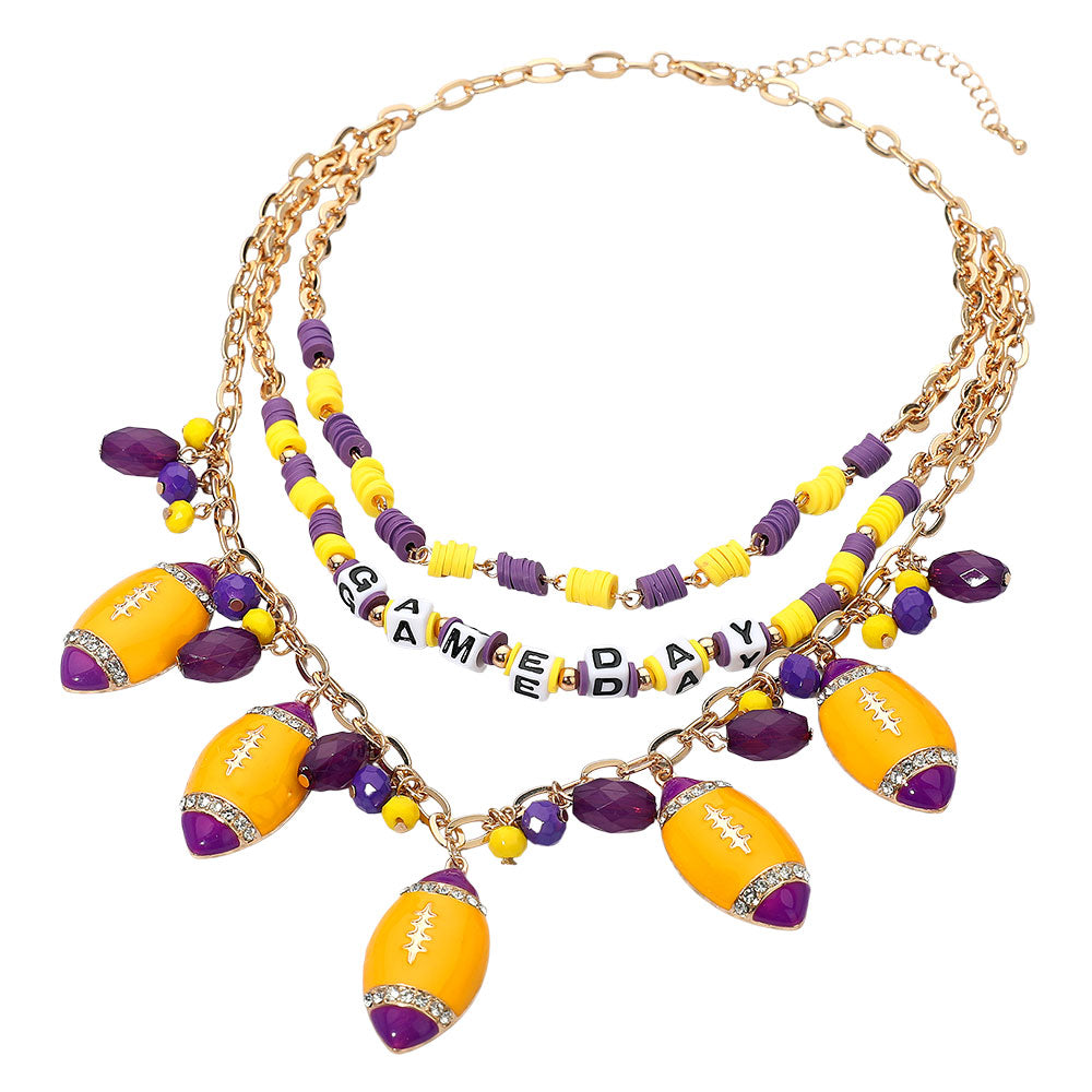 Purple Gold Football Beaded Charm Necklace