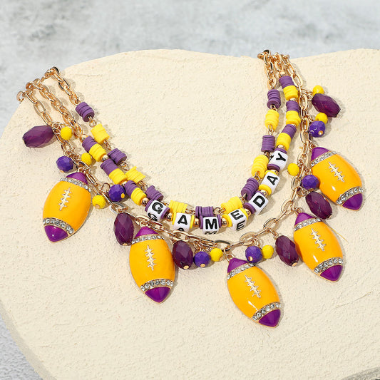 Purple Gold Football Beaded Charm Necklace