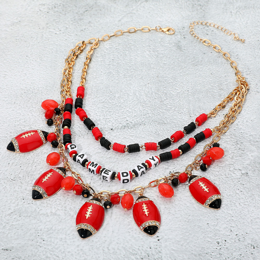 Red Black Football Beaded Charm Necklace