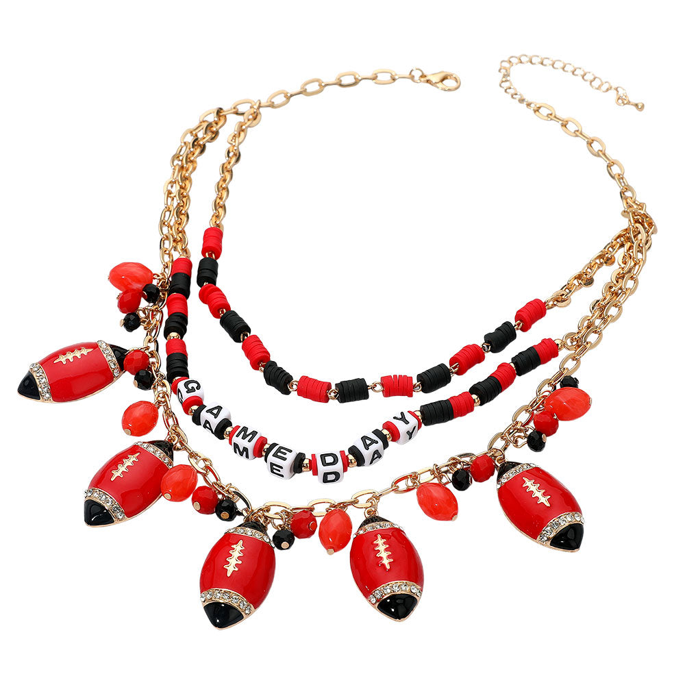 Red Black Football Beaded Charm Necklace