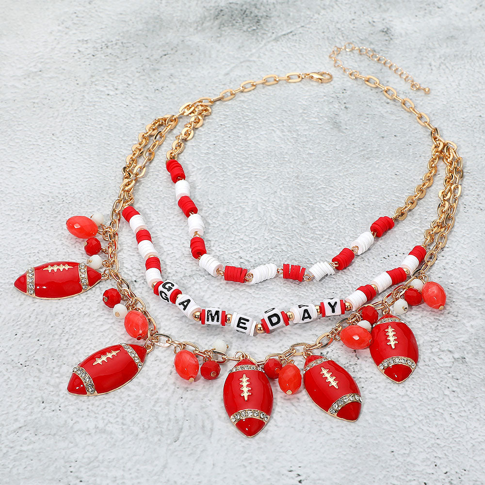 Red White Football Beaded Charm Necklace