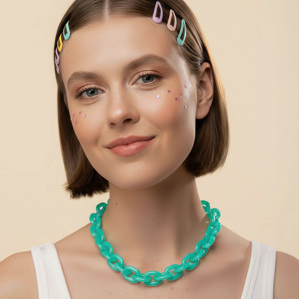 Arden Aqua Chunky Chain Link Necklace & Earrings SET