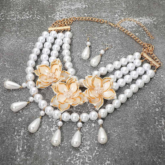 Lola Metallic Leather Flower Pearl Beaded Statement Necklace