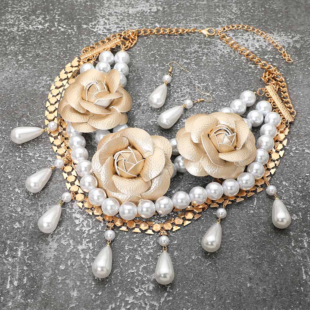 Reese Leather Rose Pearl Beaded Statement Necklace