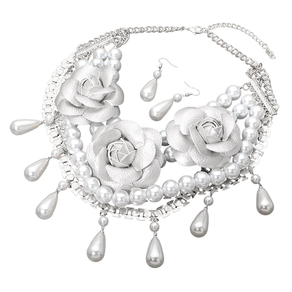 Reese Leather Rose Pearl Beaded Statement Necklace