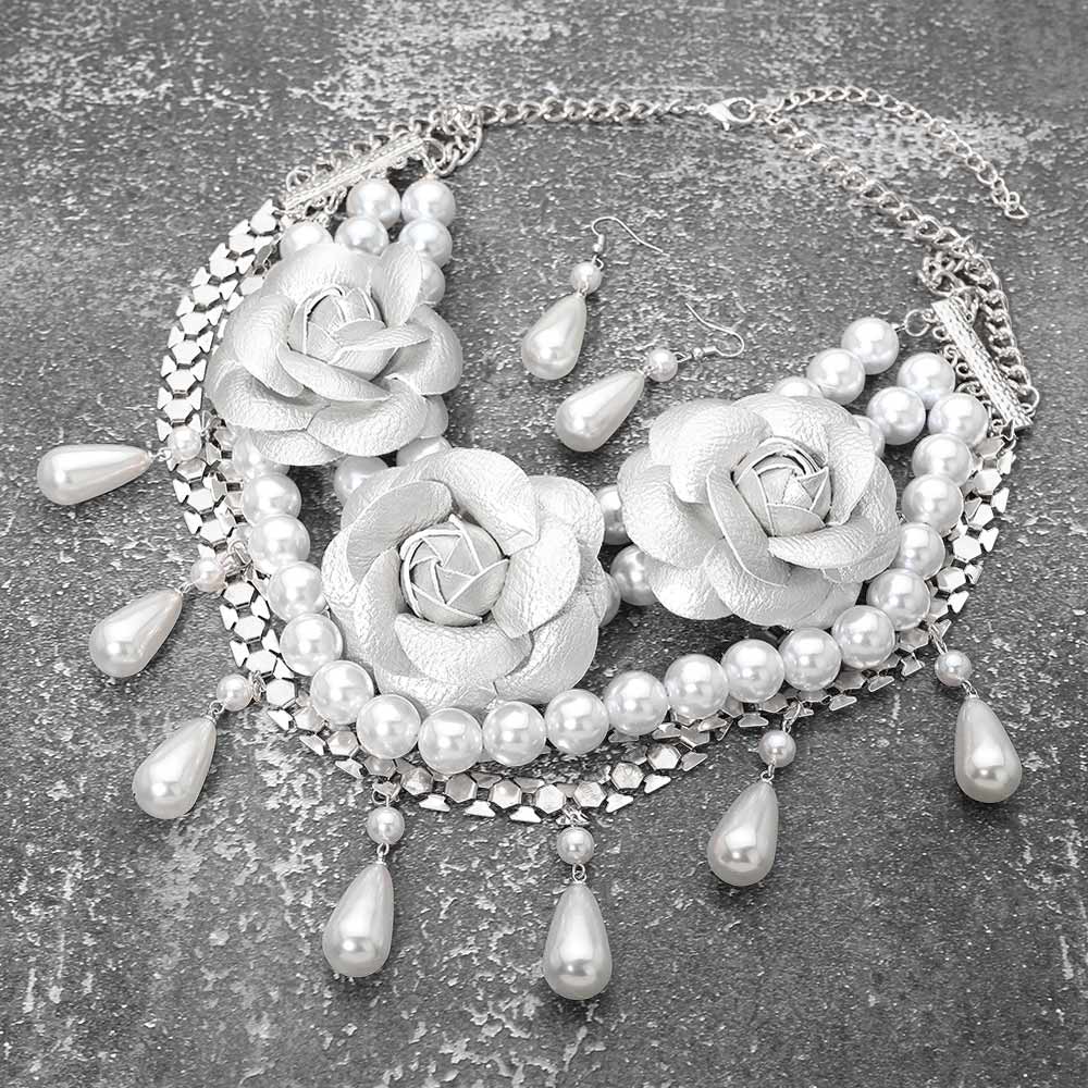 Reese Leather Rose Pearl Beaded Statement Necklace