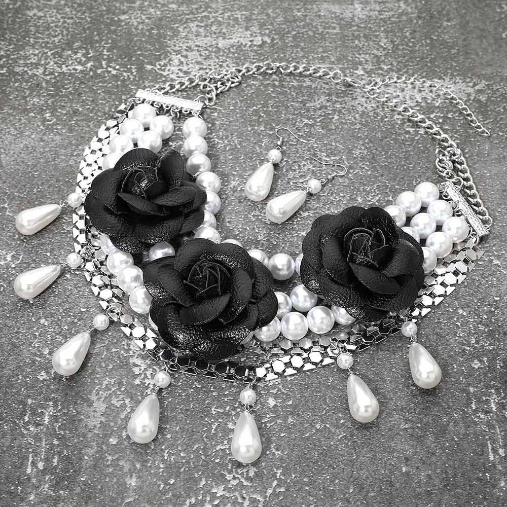 Reese Leather Rose Pearl Beaded Statement Necklace