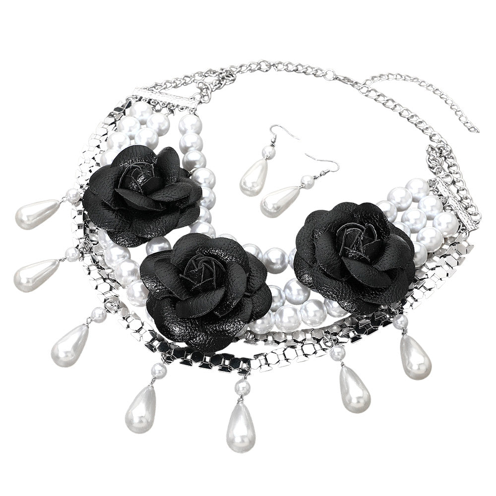 Reese Leather Rose Pearl Beaded Statement Necklace