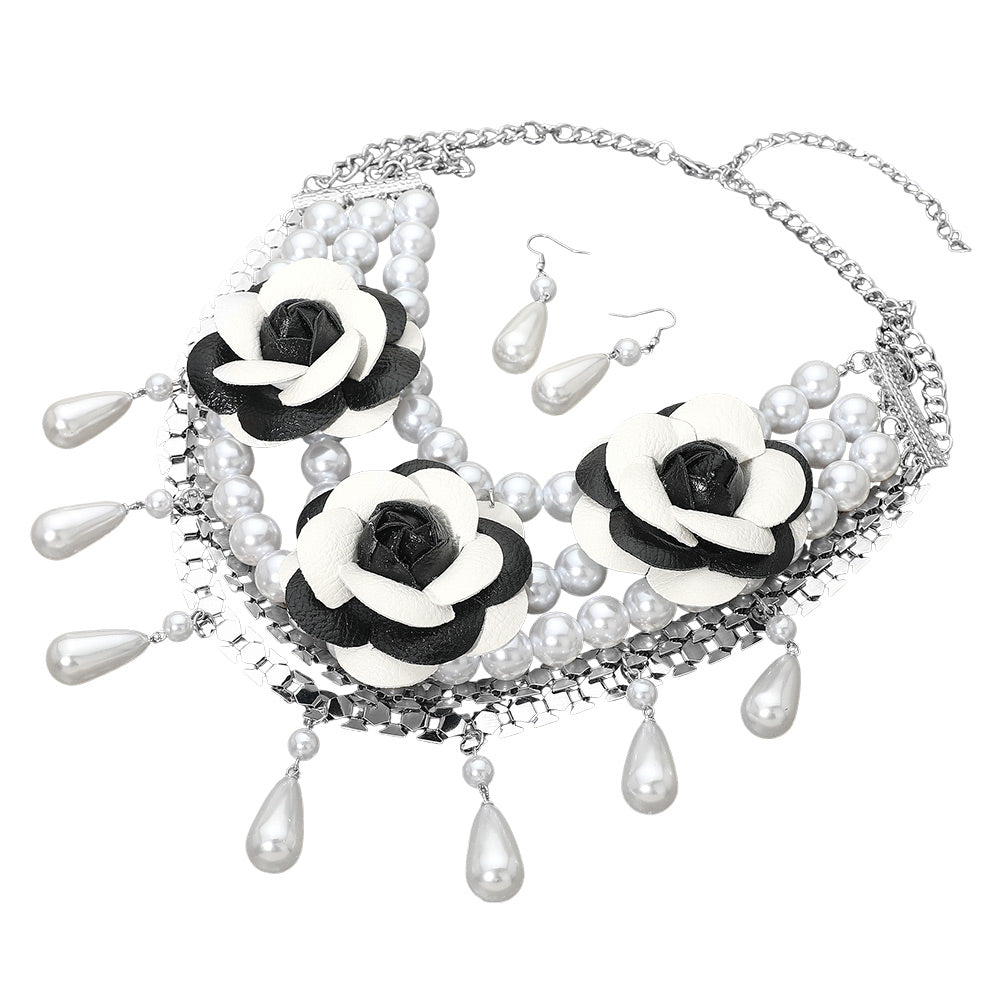 Reese Leather Rose Pearl Beaded Statement Necklace