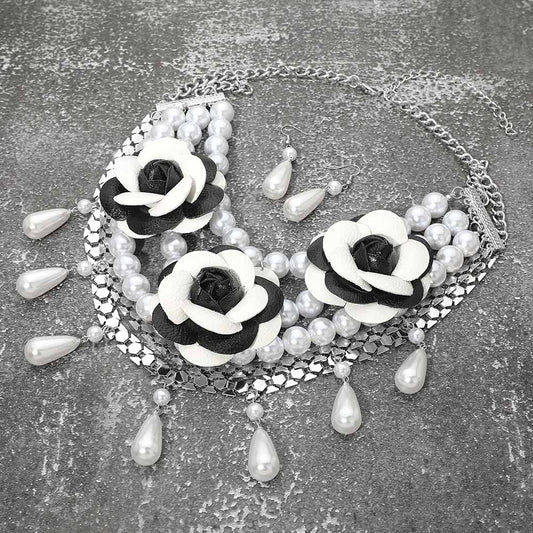 Reese Leather Rose Pearl Beaded Statement Necklace