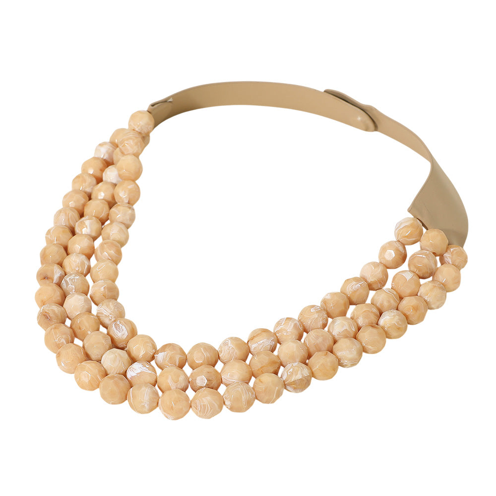 Thea 3-Strand Beige Beaded Leather Magnetic Collar Necklace