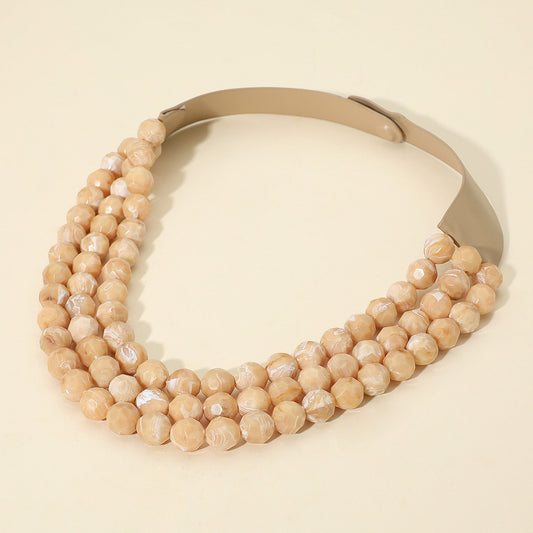 Thea 3-Strand Beige Beaded Leather Magnetic Collar Necklace