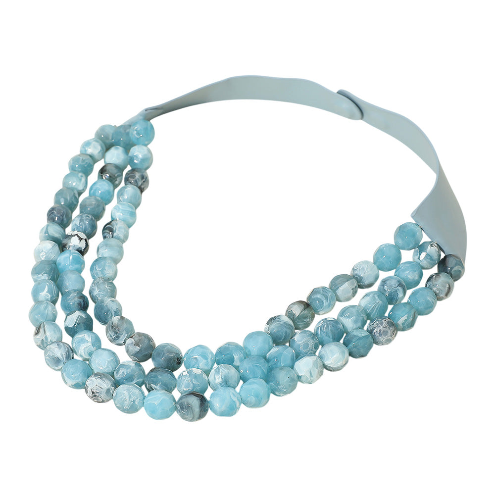 Thea 3-Strand Blue Beaded Leather Magnetic Collar Necklace