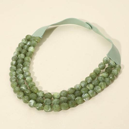 Thea 3-Strand Olive Green Beaded Leather Magnetic Collar Necklace