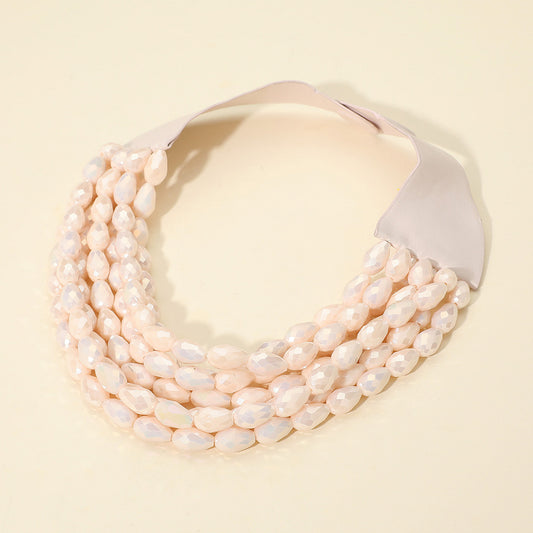 Tessa Ivory Blush Teardrop Beaded Leather Collar Magnetic Necklace