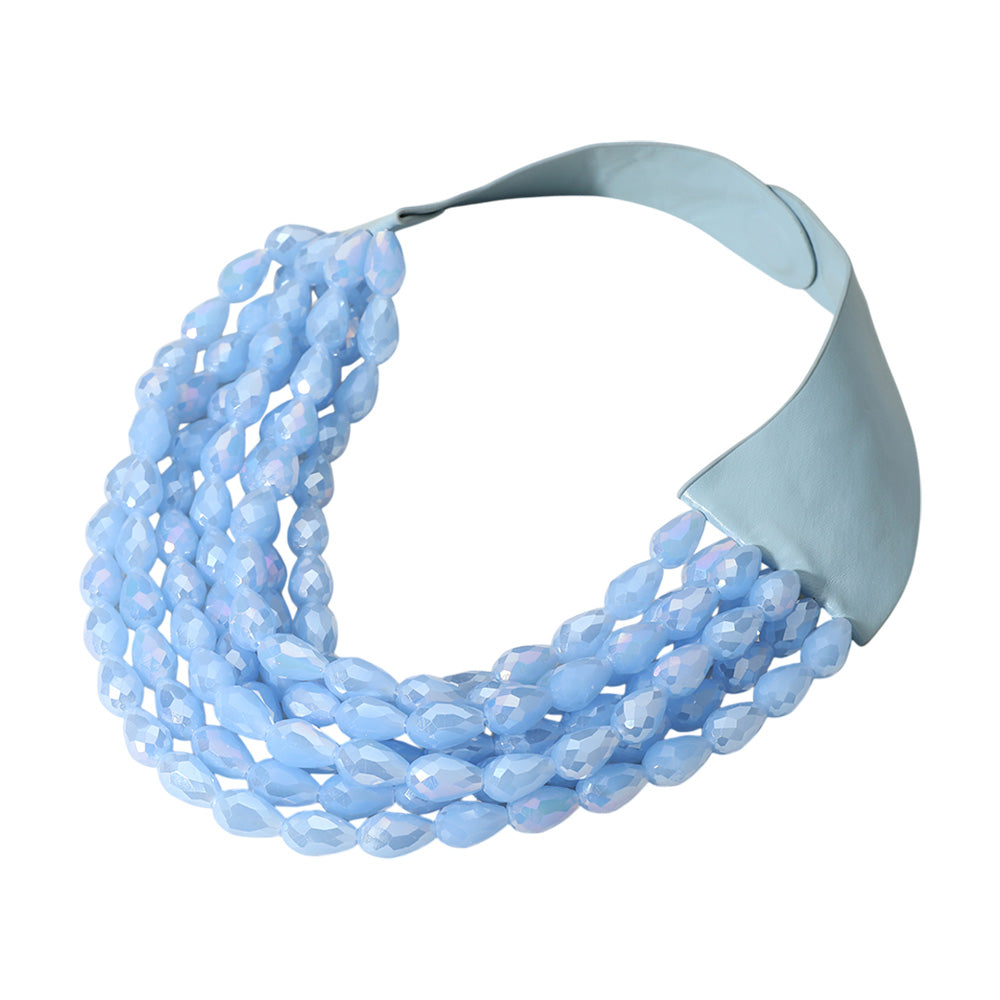 Tessa Blue Teardrop Beaded Leather Collar Magnetic Necklace