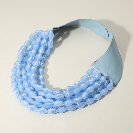 Tessa Blue Teardrop Beaded Leather Collar Magnetic Necklace
