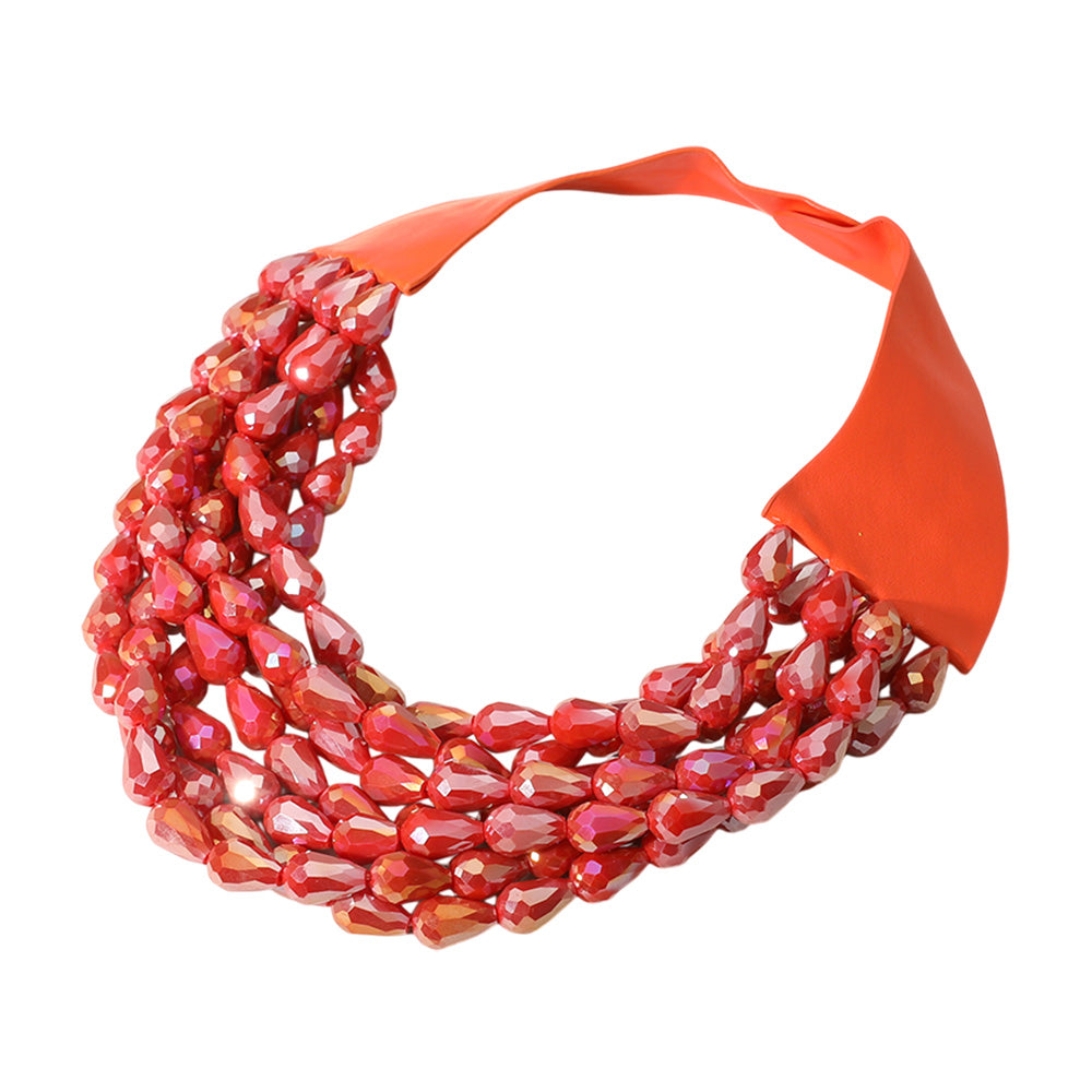 Tessa Fire Red Teardrop Beaded Leather Collar Magnetic Necklace