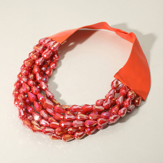 Tessa Fire Red Teardrop Beaded Leather Collar Magnetic Necklace