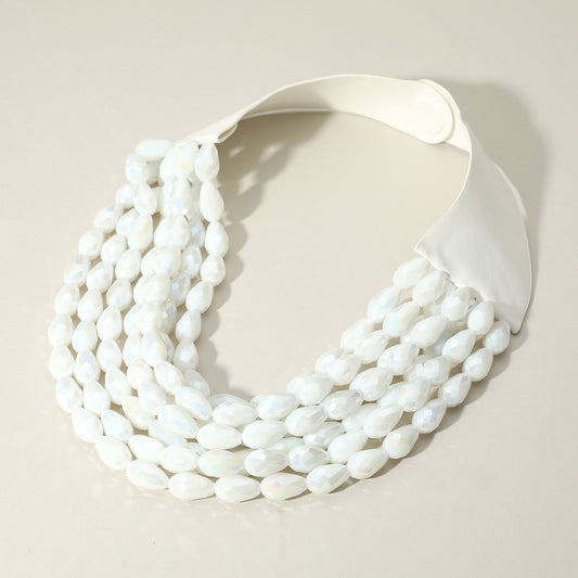 Tessa White Teardrop Beaded Leather Collar Magnetic Necklace