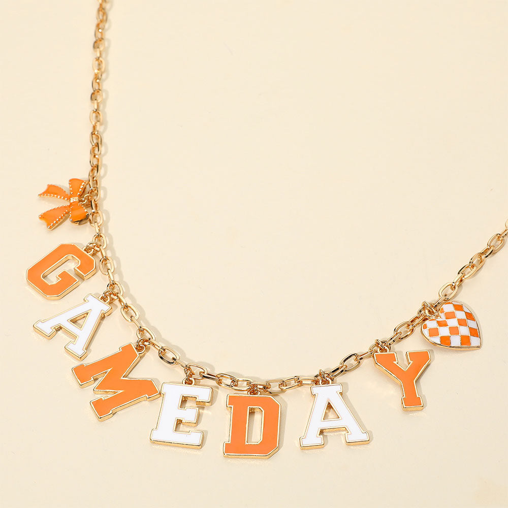 Orange White Football GAMEDAY Word Charm Necklace