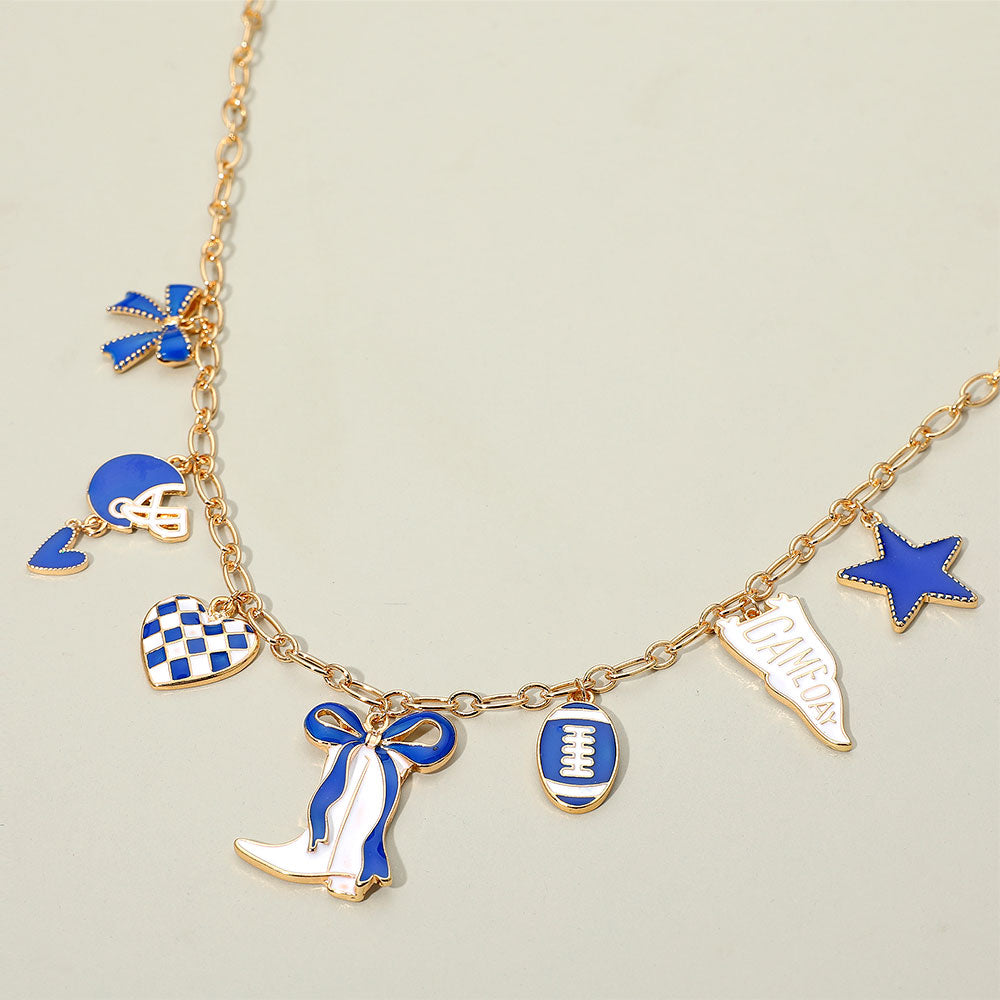 Blue White Western Theme Football Charm Necklace