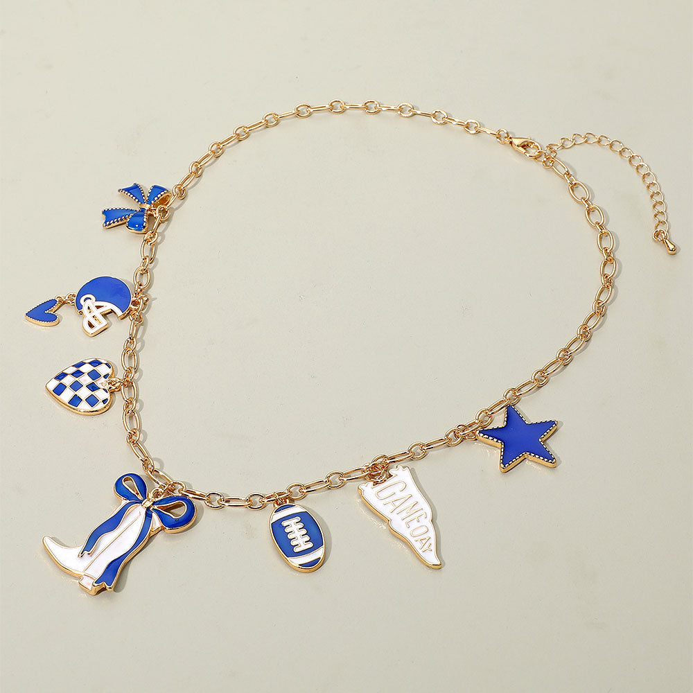 Blue White Western Theme Football Charm Necklace