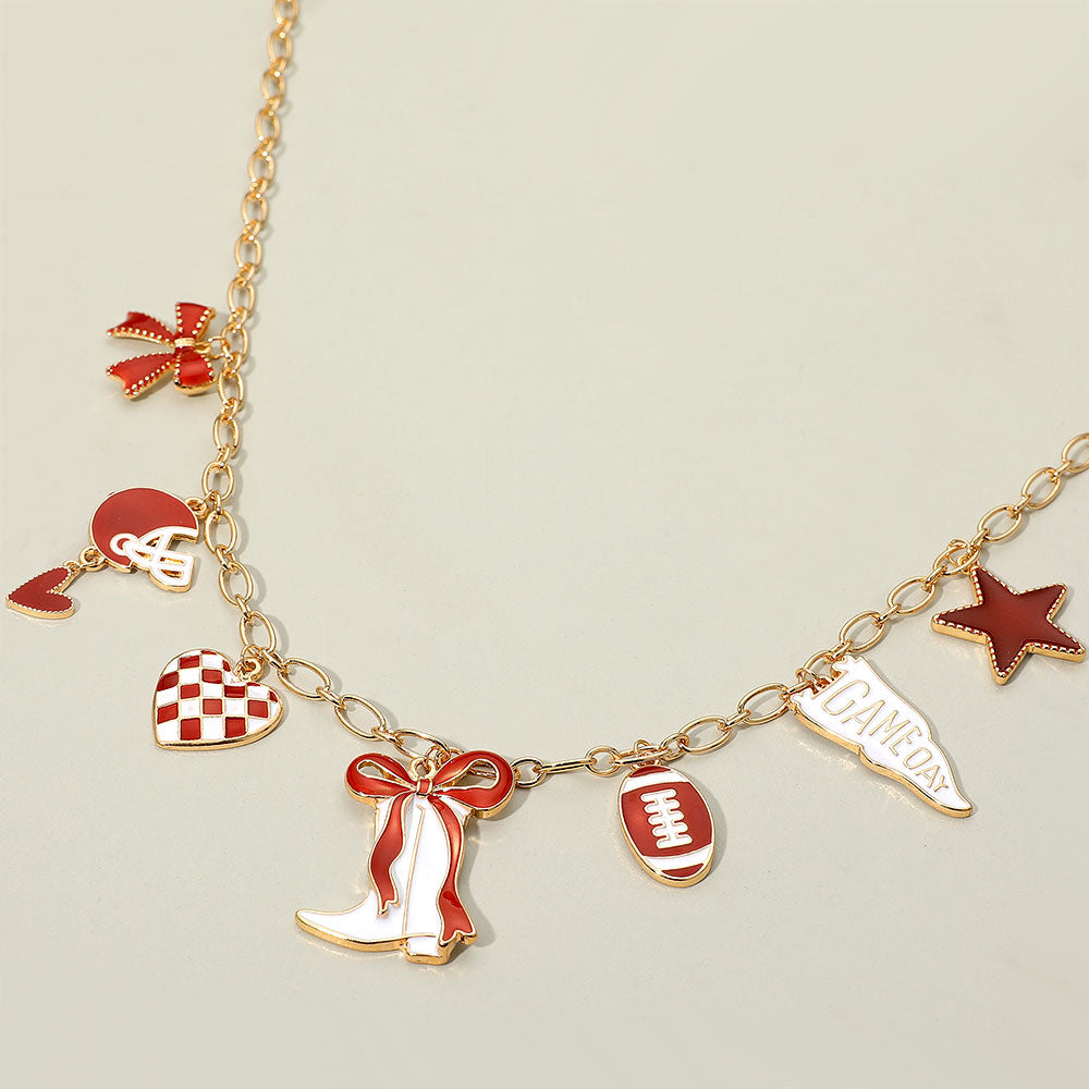 Burgundy & White Western Theme Football Charm Necklace