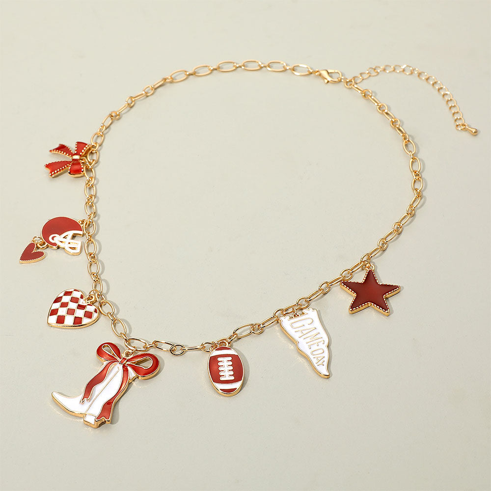 Burgundy & White Western Theme Football Charm Necklace
