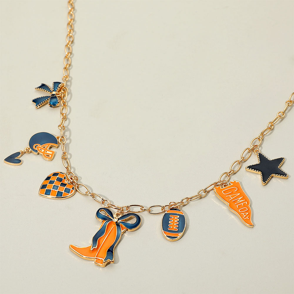 Blue Orange Western Theme Football Charm Necklace