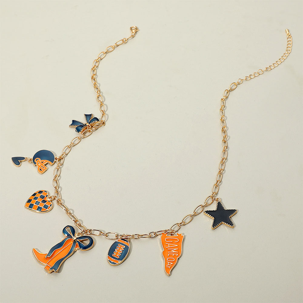 Blue Orange Western Theme Football Charm Necklace