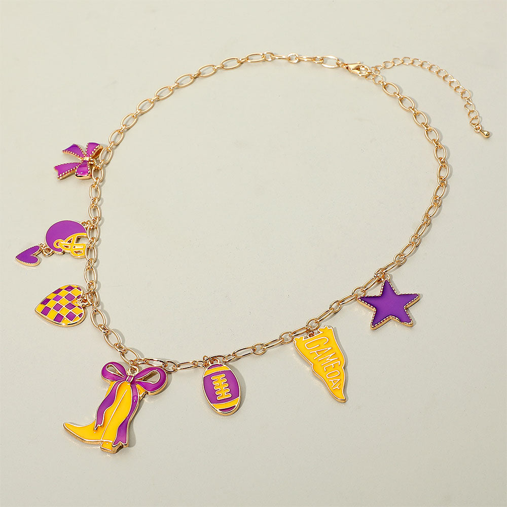 Purple Yellow Gold Western Theme Football Charm Necklace