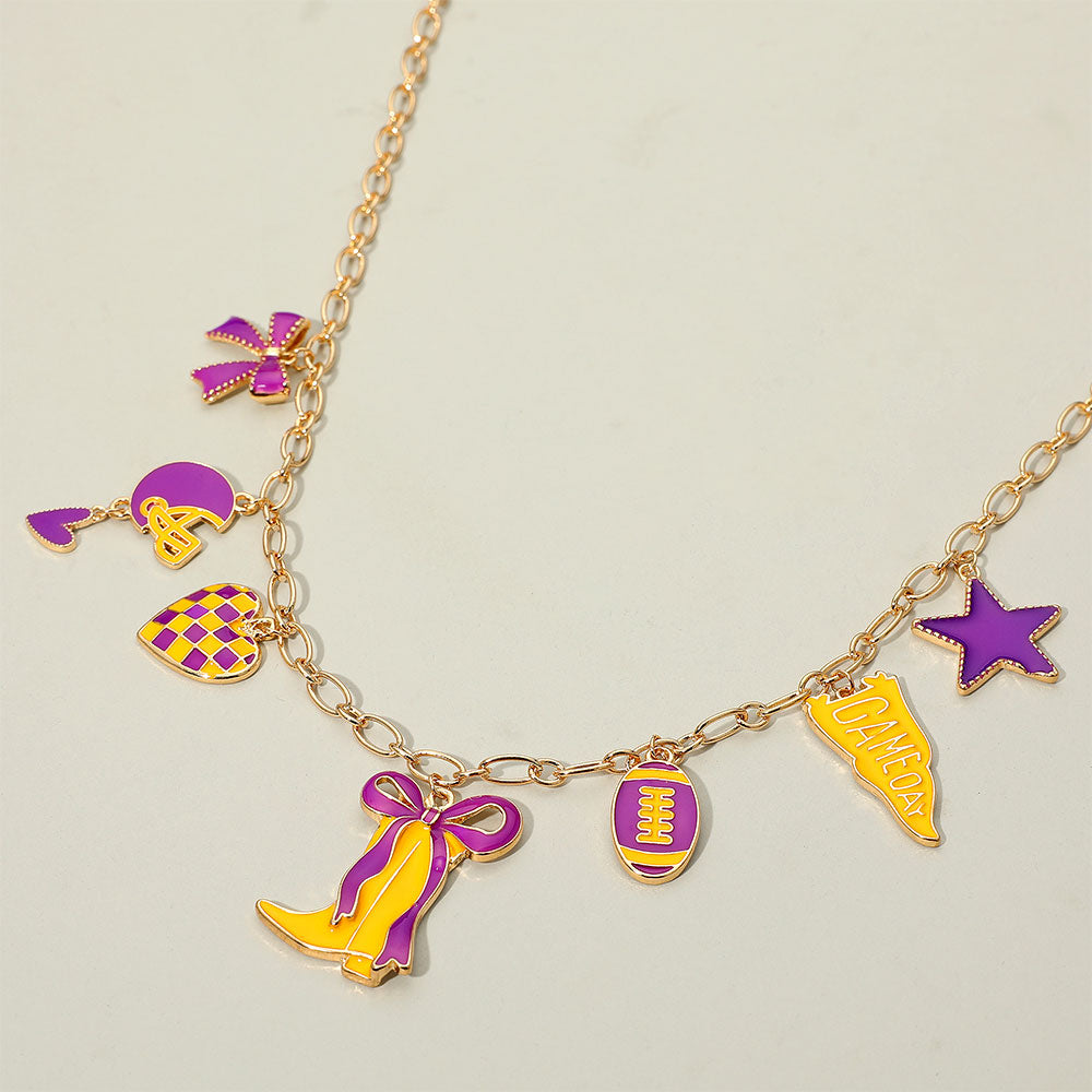 Purple Yellow Gold Western Theme Football Charm Necklace