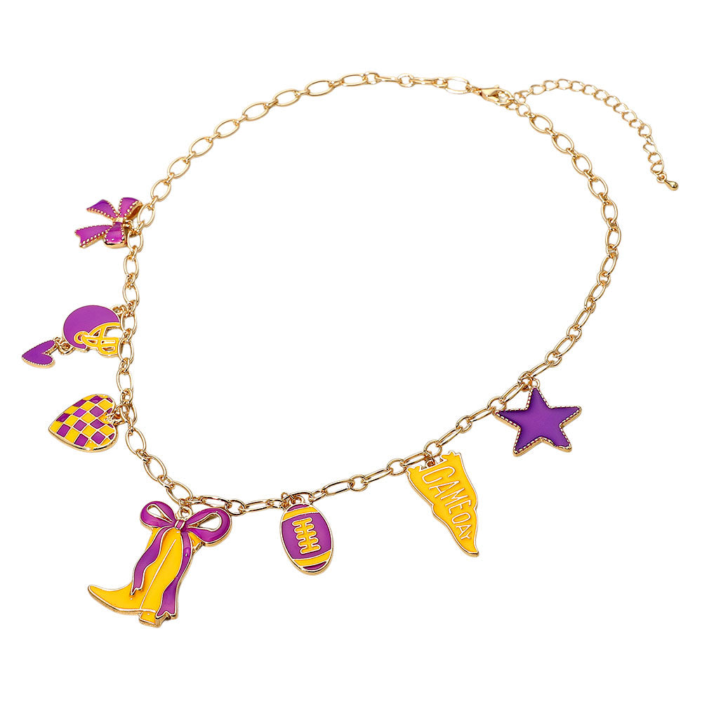 Purple Yellow Gold Western Theme Football Charm Necklace