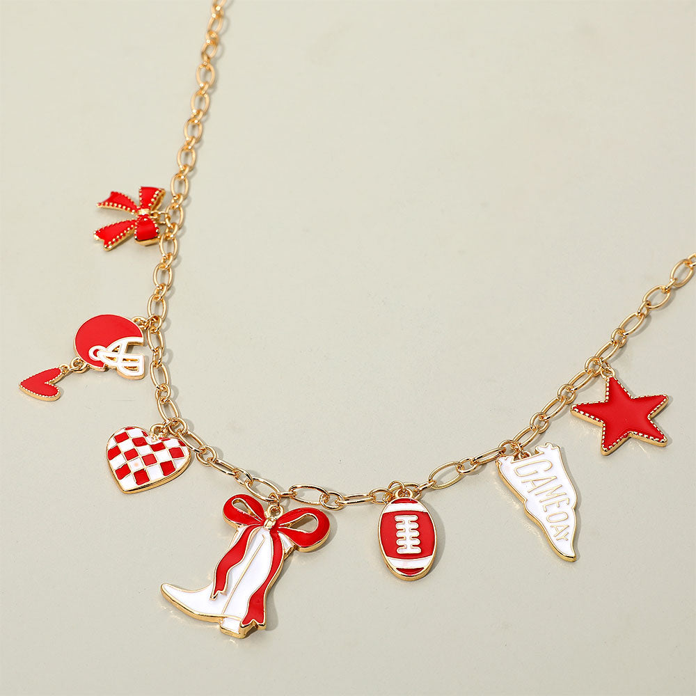 Red & White Western Theme Football Charm Necklace