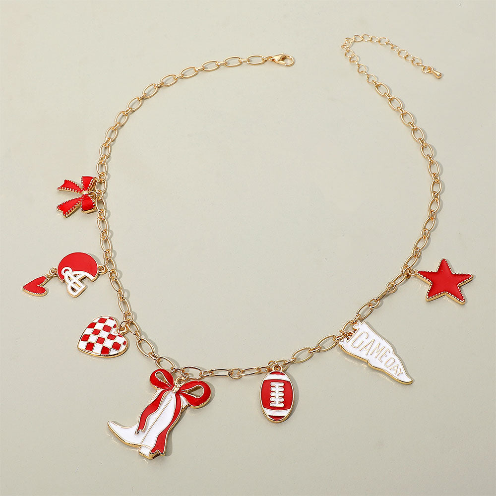 Red & White Western Theme Football Charm Necklace